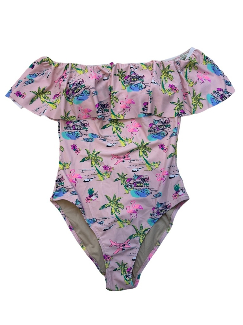 Women’s Shade Critters Pink Tropical Off-Shoulder Ruffle One-Piece Swimsuit 8